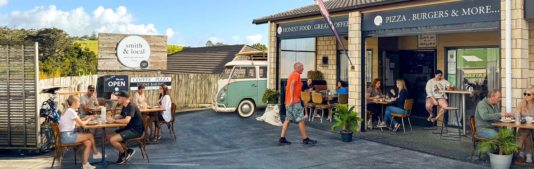 Menu at Smith and Local view of the outside entrance with people sitting around eating breakfast in the sun